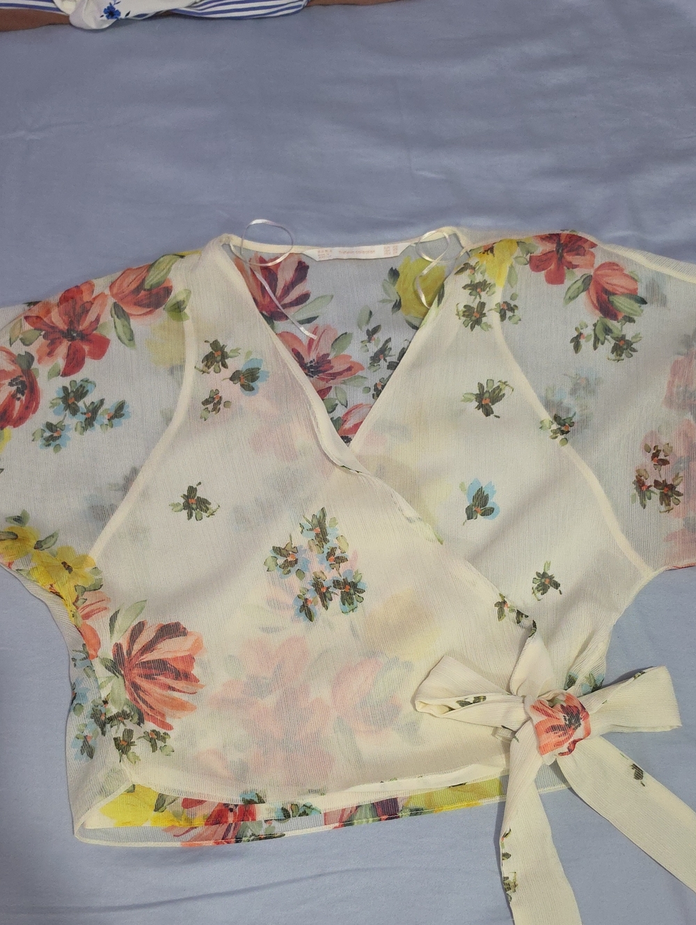 Zara White Sheer Floral Wrap Blouse with Pastel Blooms